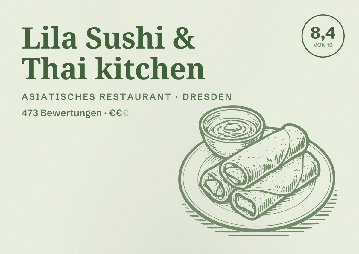 Illustriertes Poster von Lila Sushi & Thai kitchen, Asiatisches Restaurant in Dresden: Bewertung 8,4 von 10 aus 473 Bewertungen, Preisniveau €€