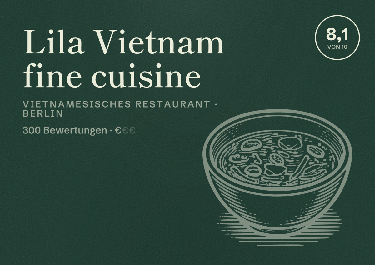 Illustriertes Poster von Lila Vietnam fine cuisine, Vietnamesisches Restaurant in Berlin: Bewertung 8,1 von 10 aus 300 Bewertungen, Preisniveau €