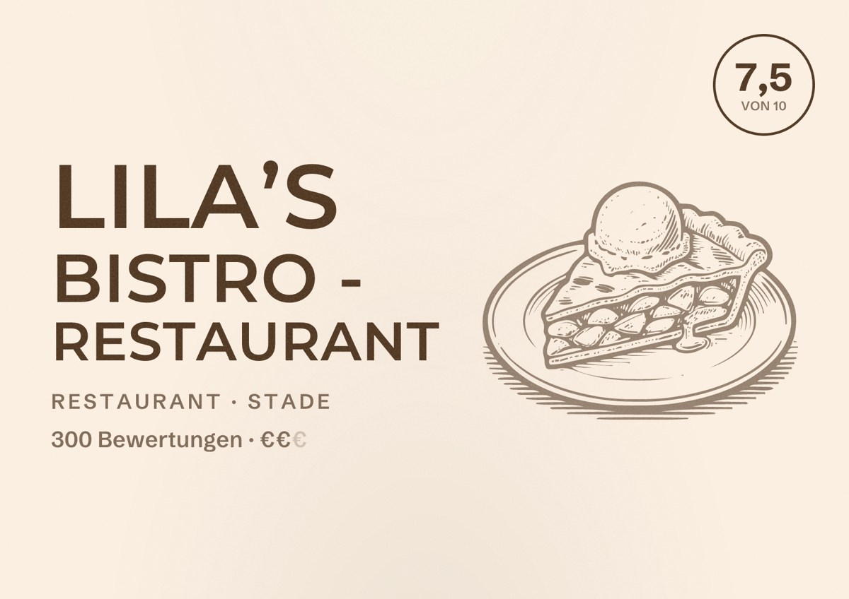 Illustriertes Poster von LiLA’S Bistro - Restaurant, Restaurant in Stade: Bewertung 7,5 von 10 aus 300 Bewertungen, Preisniveau €€
