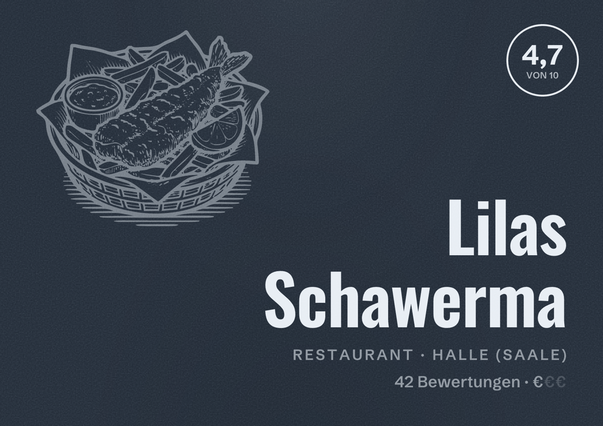 Illustriertes Poster von Lilas Schawerma, Restaurant in Halle (Saale): Bewertung 4,7 von 10 aus 42 Bewertungen, Preisniveau €