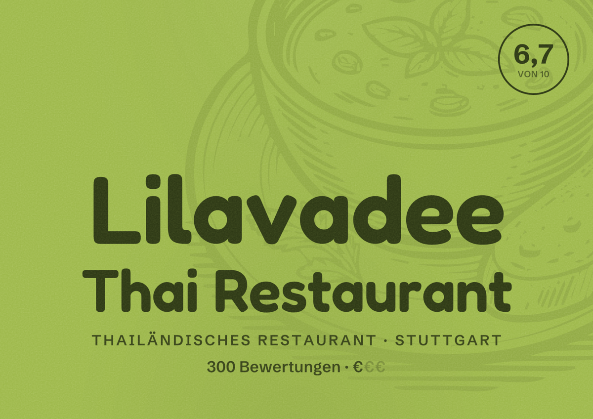 Illustriertes Poster von Lilavadee Thai Restaurant, Thailändisches Restaurant in Stuttgart: Bewertung 6,7 von 10 aus 300 Bewertungen, Preisniveau €