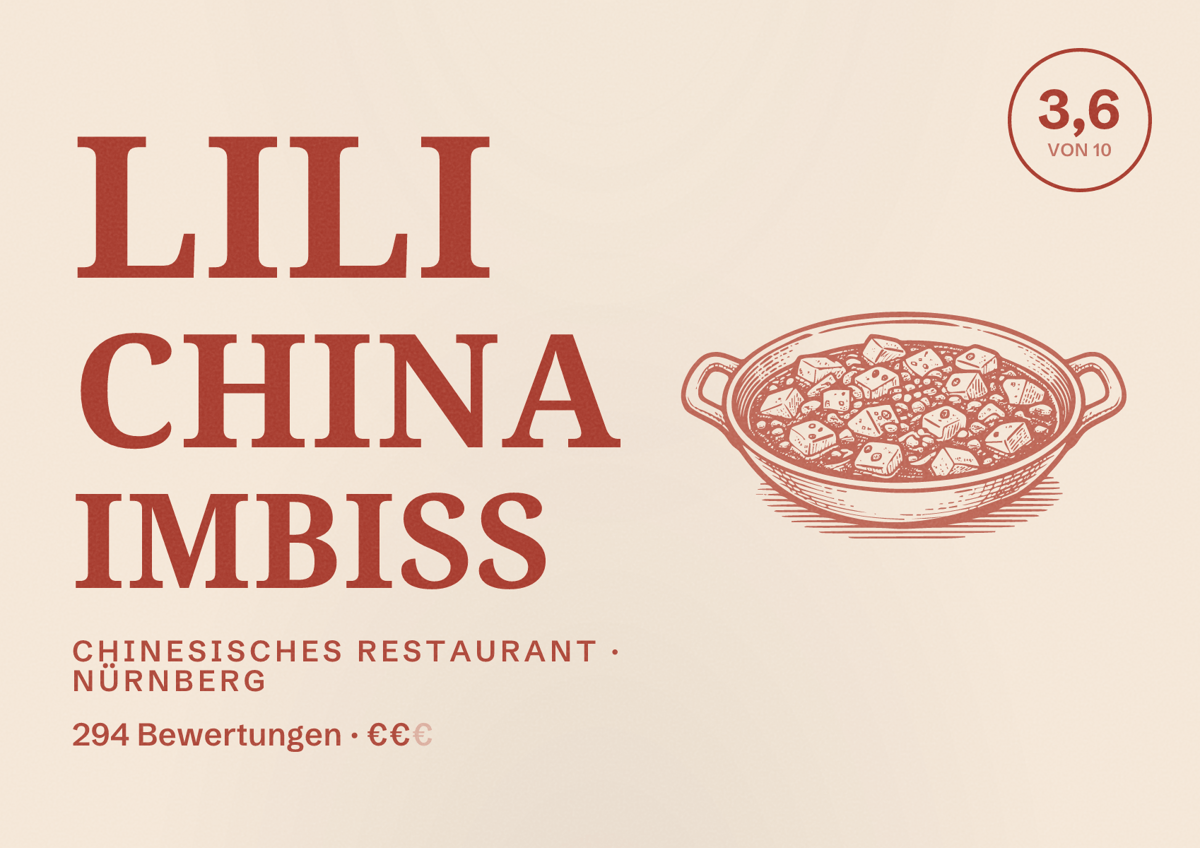 Illustriertes Poster von LiLi China Imbiss, Chinesisches Restaurant in Nürnberg: Bewertung 3,6 von 10 aus 294 Bewertungen, Preisniveau €€