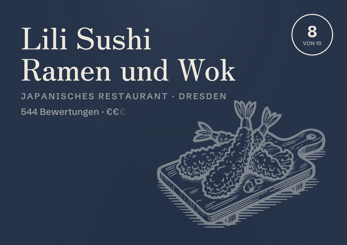 Illustriertes Poster von Lili Sushi Ramen und Wok, Japanisches Restaurant in Dresden: Bewertung 8,0 von 10 aus 544 Bewertungen, Preisniveau €€