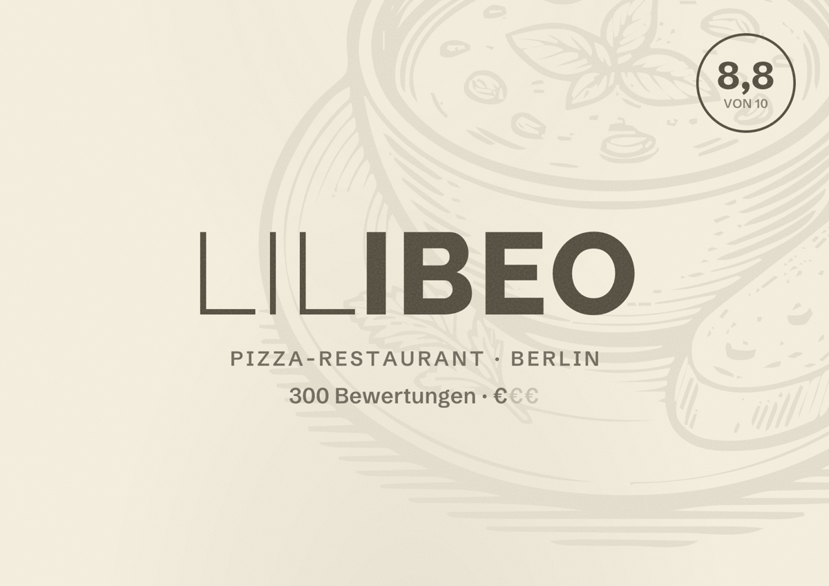 Illustriertes Poster von Lilibeo, Pizza-Restaurant in Berlin: Bewertung 8,8 von 10 aus 300 Bewertungen, Preisniveau €