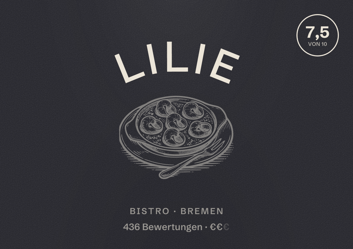 Illustriertes Poster von Lilie, Bistro in Bremen: Bewertung 7,5 von 10 aus 436 Bewertungen, Preisniveau €€