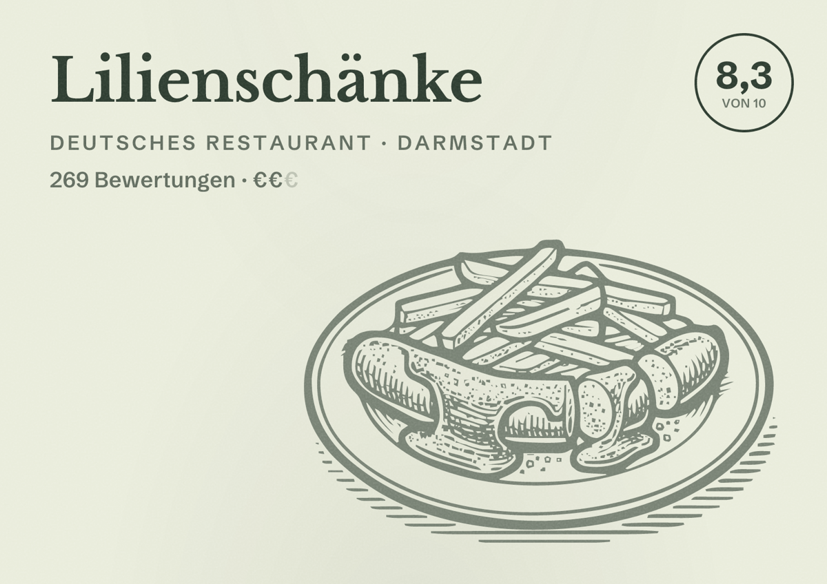 Illustriertes Poster von Lilienschänke, Deutsches Restaurant in Darmstadt: Bewertung 8,3 von 10 aus 269 Bewertungen, Preisniveau €€