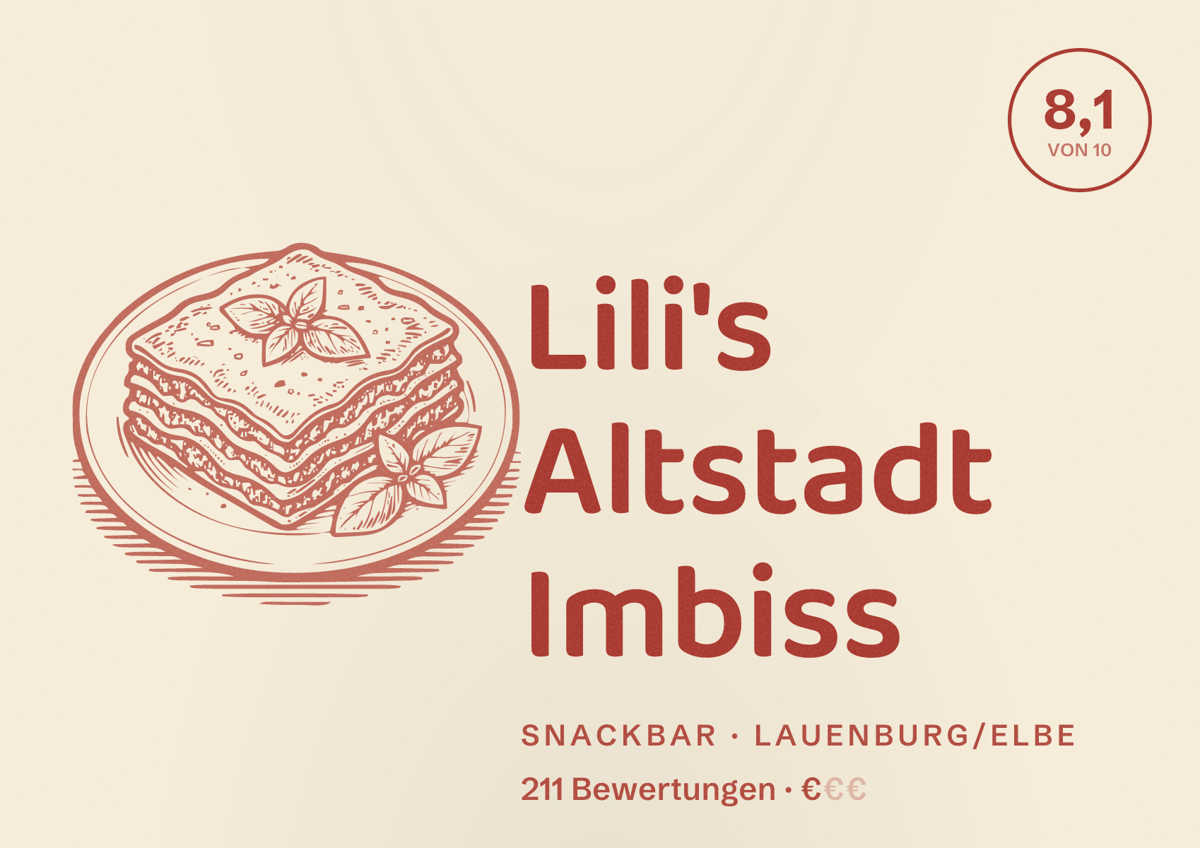 Illustriertes Poster von Lili's Altstadt Imbiss, Snackbar in Lauenburg/Elbe: Bewertung 8,1 von 10 aus 211 Bewertungen, Preisniveau €