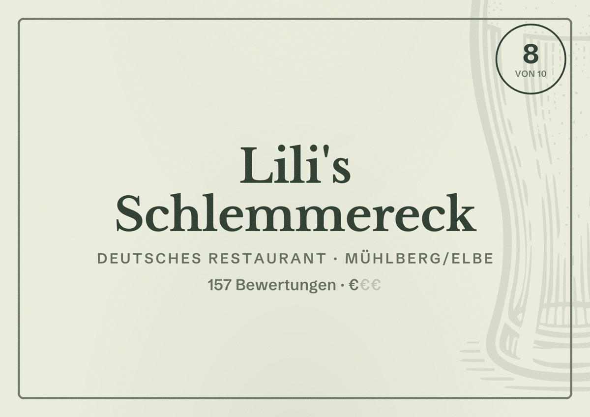 Illustriertes Poster von Lili's Schlemmereck, Deutsches Restaurant in Mühlberg/Elbe: Bewertung 8 von 10 aus 157 Bewertungen, Preisniveau €