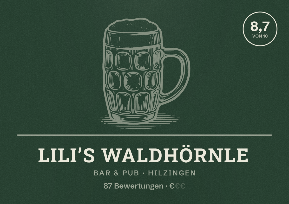 Illustriertes Poster von Lili’s Waldhörnle, Bar & Pub in Hilzingen: Bewertung 8,7 von 10 aus 87 Bewertungen, Preisniveau €
