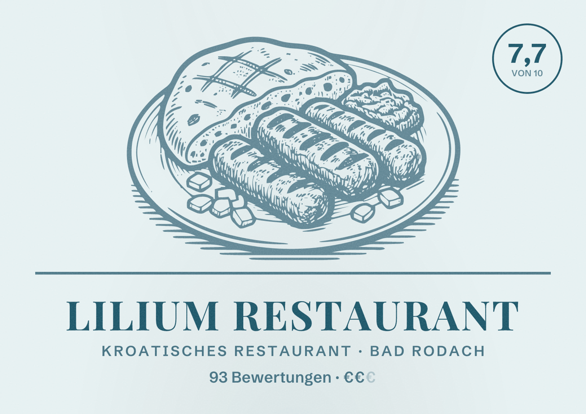 Illustriertes Poster von Lilium Restaurant, Kroatisches Restaurant in Bad Rodach: Bewertung 7,7 von 10 aus 93 Bewertungen, Preisniveau €€