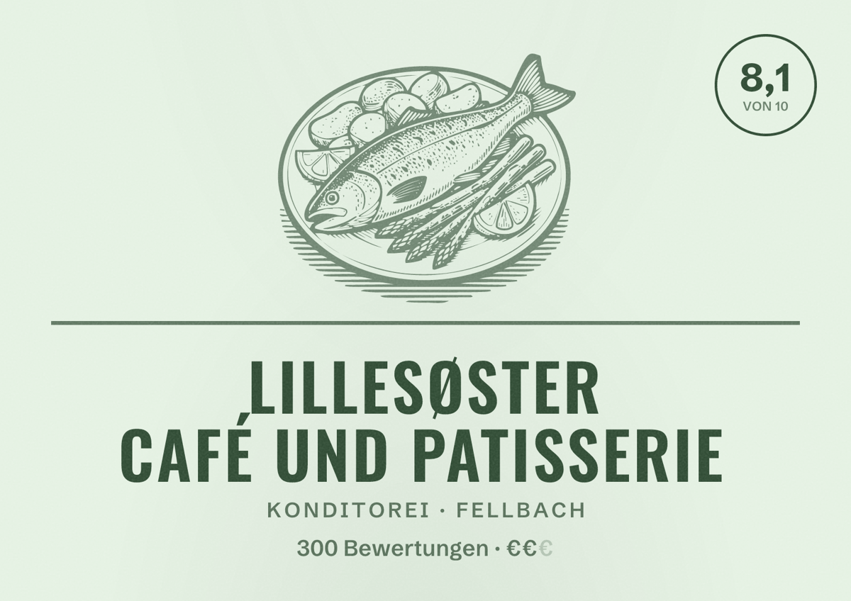Illustriertes Poster von lillesøster Café und Patisserie, Konditorei in Fellbach: Bewertung 8,1 von 10 aus 300 Bewertungen, Preisniveau €€