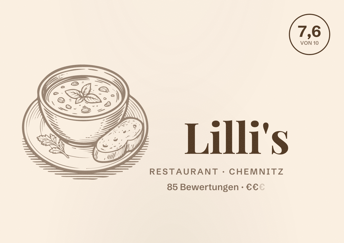 Illustriertes Poster von Lilli's, Restaurant in Chemnitz: Bewertung 7,6 von 10 aus 85 Bewertungen, Preisniveau €€