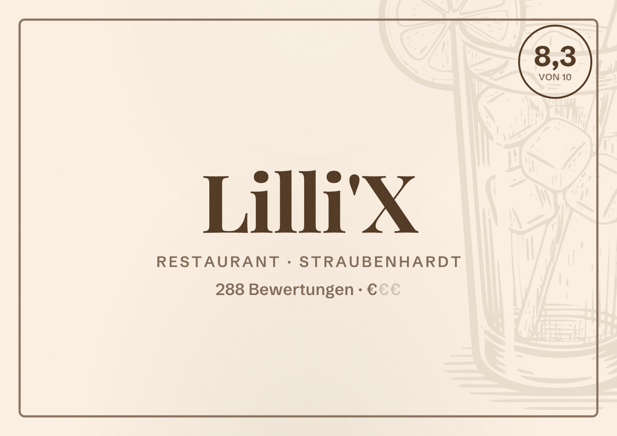 Illustriertes Poster von Lilli'X, Restaurant in Straubenhardt: Bewertung 8,3 von 10 aus 288 Bewertungen, Preisniveau €