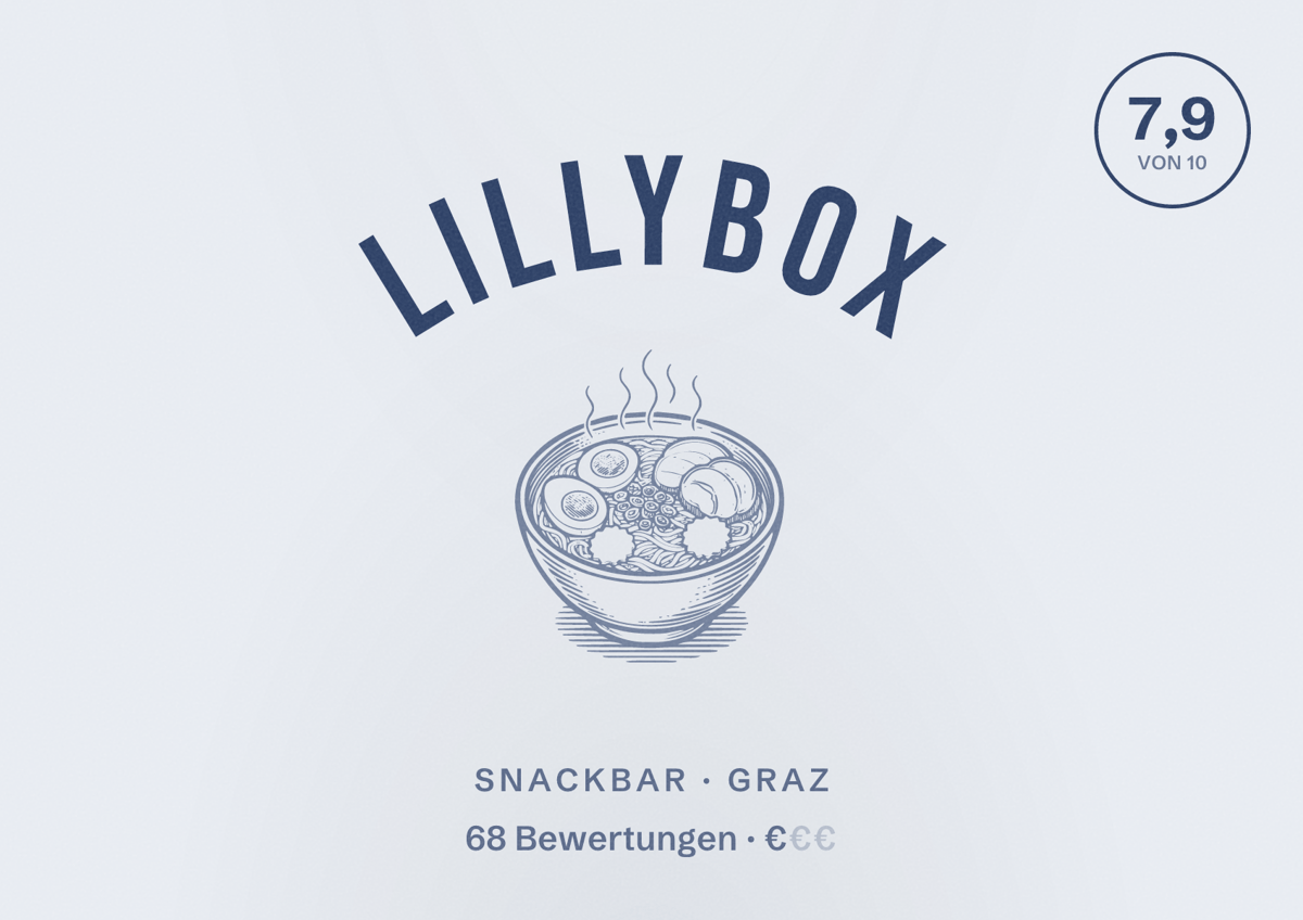 Illustriertes Poster von Lillybox, Snackbar in Graz: Bewertung 7,9 von 10 aus 68 Bewertungen, Preisniveau €