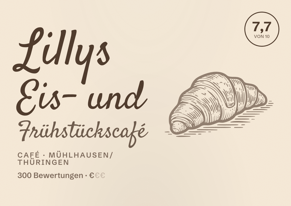 Illustriertes Poster von Lillys Eis- und Frühstückscafé, Café in Mühlhausen/Thüringen: Bewertung 7,7 von 10 aus 300 Bewertungen, Preisniveau €