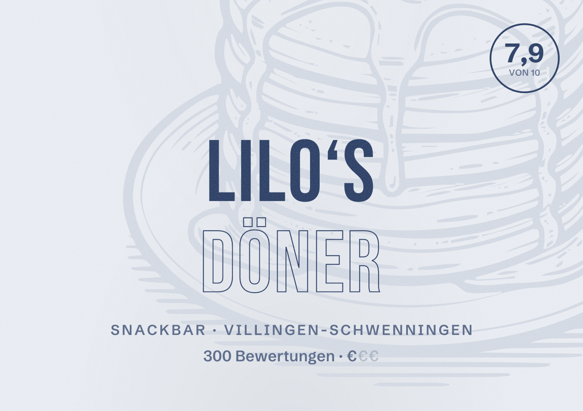 Illustriertes Poster von Lilo‘s Döner, Snackbar in Villingen-Schwenningen: Bewertung 7,9 von 10 aus 300 Bewertungen, Preisniveau €