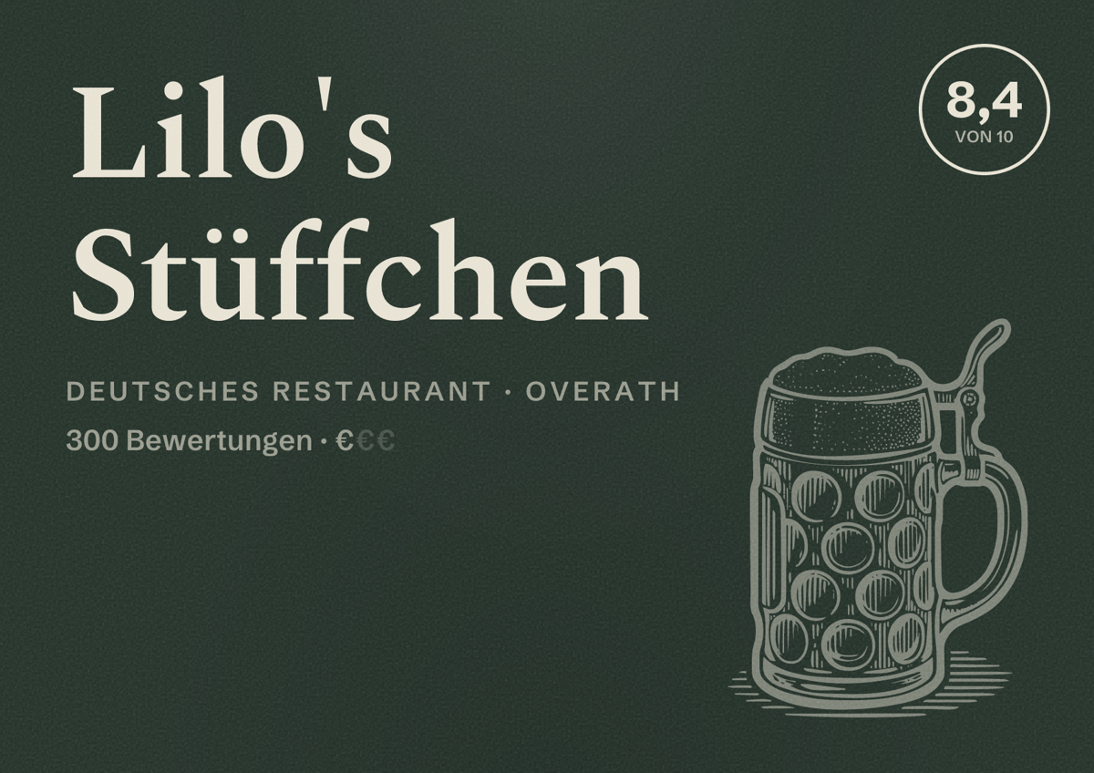Illustriertes Poster von Lilo's Stüffchen, Deutsches Restaurant in Overath: Bewertung 8,4 von 10 aus 300 Bewertungen, Preisniveau €