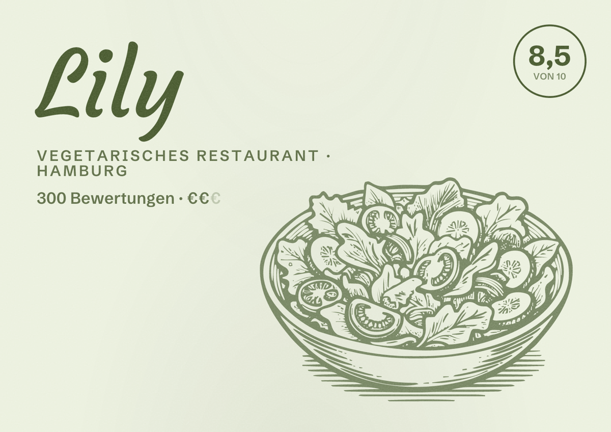 Illustriertes Poster von Lily, Vegetarisches Restaurant in Hamburg: Bewertung 8,5 von 10 aus 300 Bewertungen, Preisniveau €€