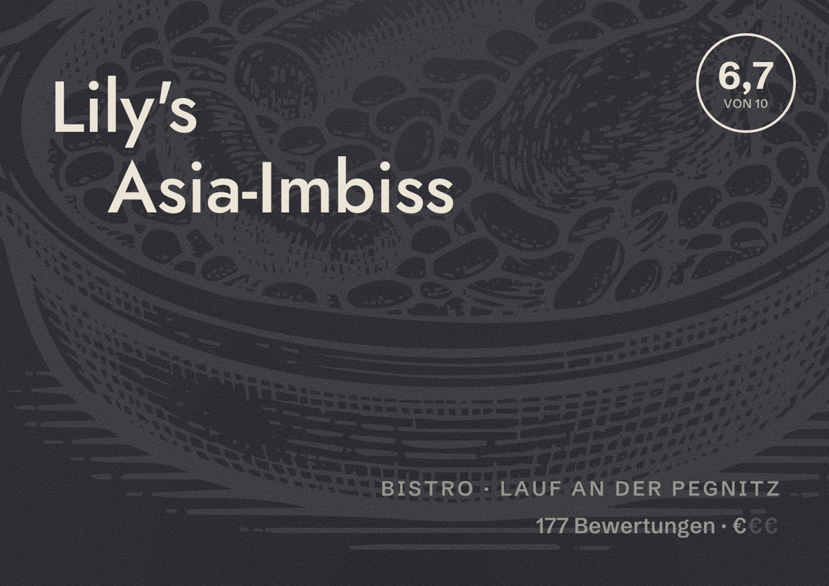 Illustriertes Poster von Lily's Asia-Imbiss, Bistro in Lauf an der Pegnitz: Bewertung 6,7 von 10 aus 177 Bewertungen, Preisniveau €