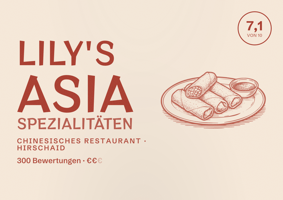 Illustriertes Poster von Lily's Asia Spezialitäten, Chinesisches Restaurant in Hirschaid: Bewertung 7,1 von 10 aus 300 Bewertungen, Preisniveau €€