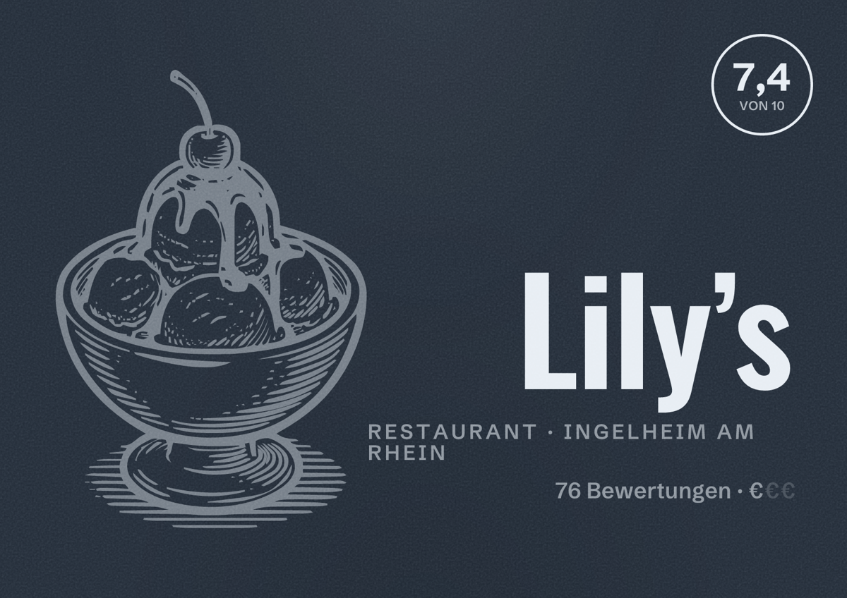 Illustriertes Poster von Lily’s, Restaurant in Ingelheim am Rhein: Bewertung 7,4 von 10 aus 76 Bewertungen, Preisniveau €