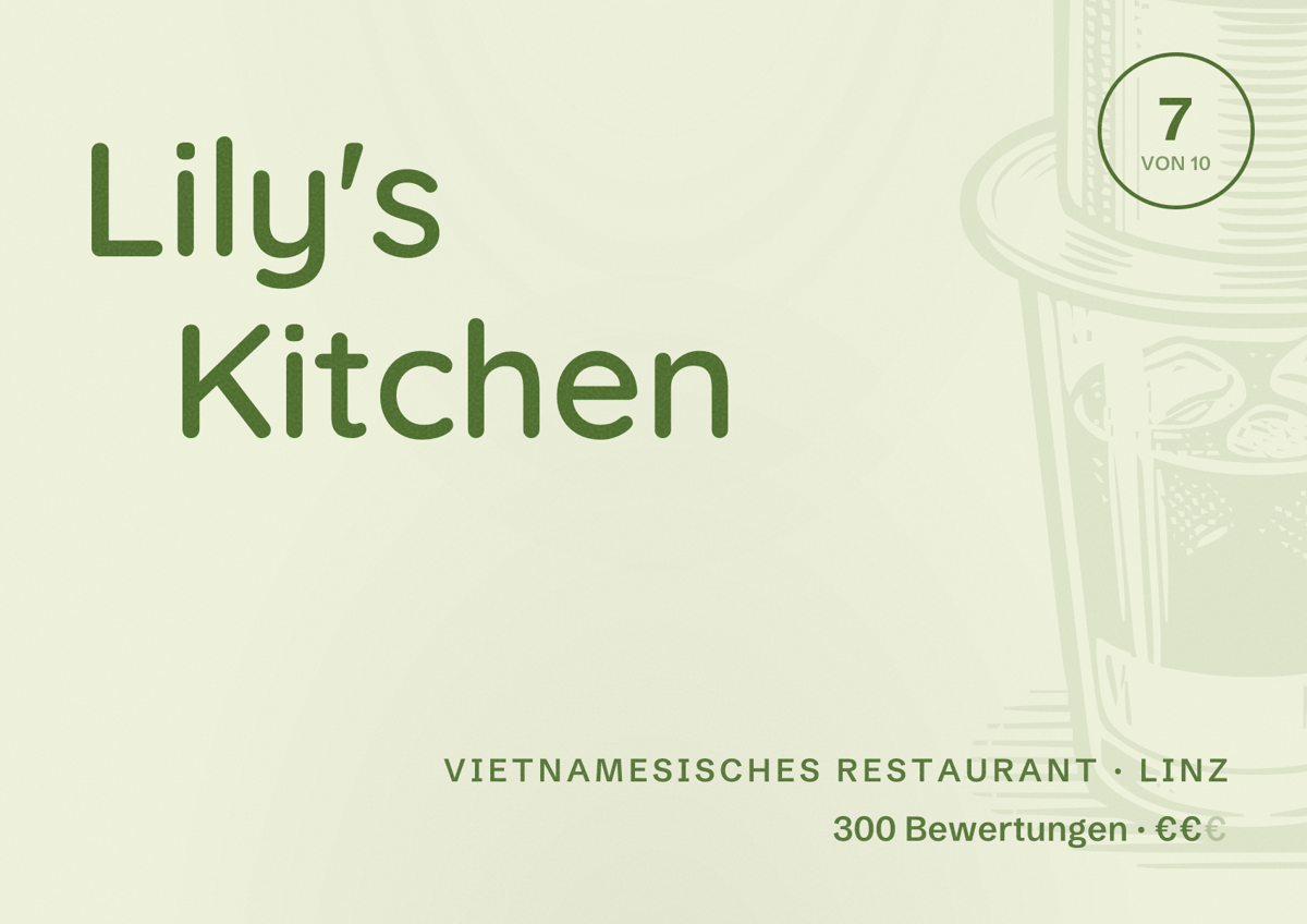 Illustriertes Poster von Lily's Kitchen, Vietnamesisches Restaurant in Linz: Bewertung 7 von 10 aus 300 Bewertungen, Preisniveau €€