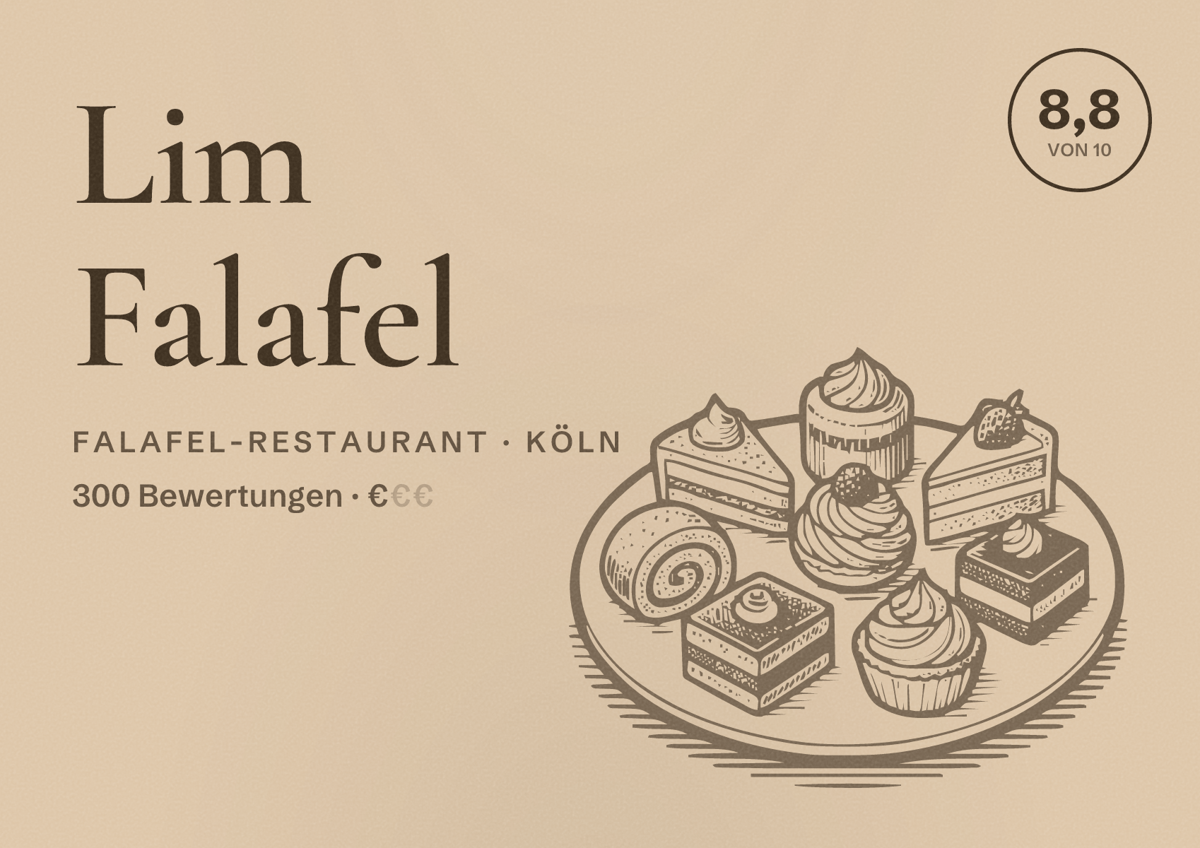 Illustriertes Poster von Lim Falafel, Falafel-Restaurant in Köln: Bewertung 8,8 von 10 aus 300 Bewertungen, Preisniveau €