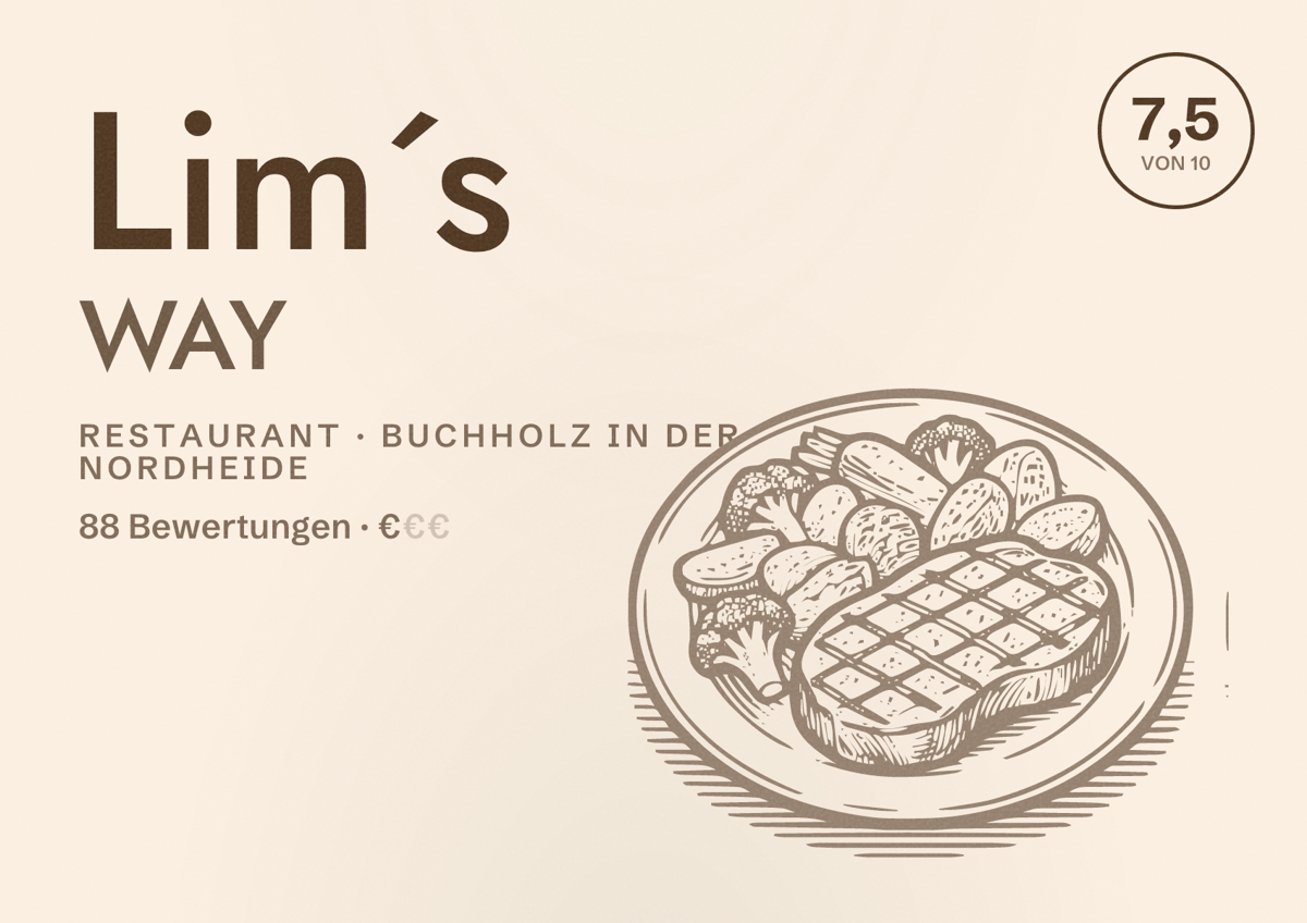 Illustriertes Poster von Lim´s WAY, Restaurant in Buchholz in der Nordheide: Bewertung 7,5 von 10 aus 88 Bewertungen, Preisniveau €