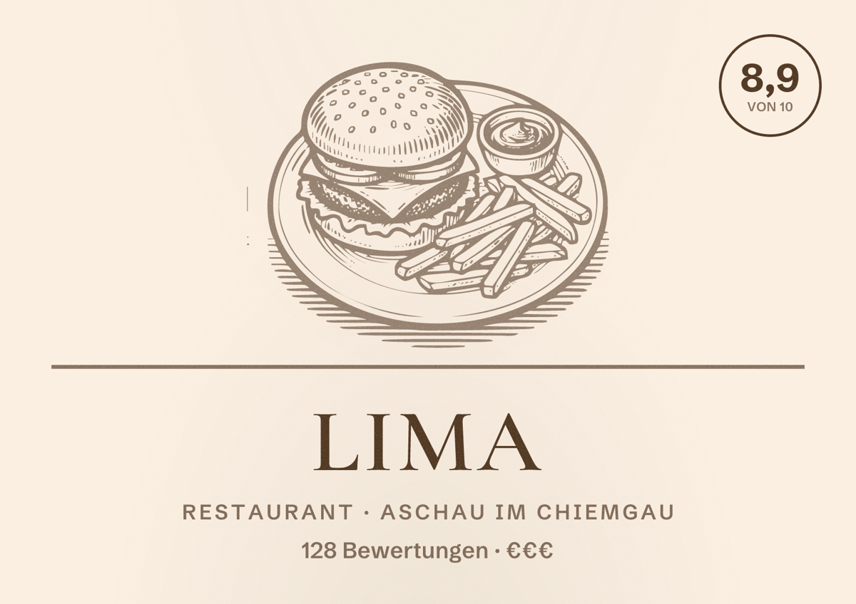Illustriertes Poster von Lima, Restaurant in Aschau im Chiemgau: Bewertung 8,9 von 10 aus 128 Bewertungen, Preisniveau €€€