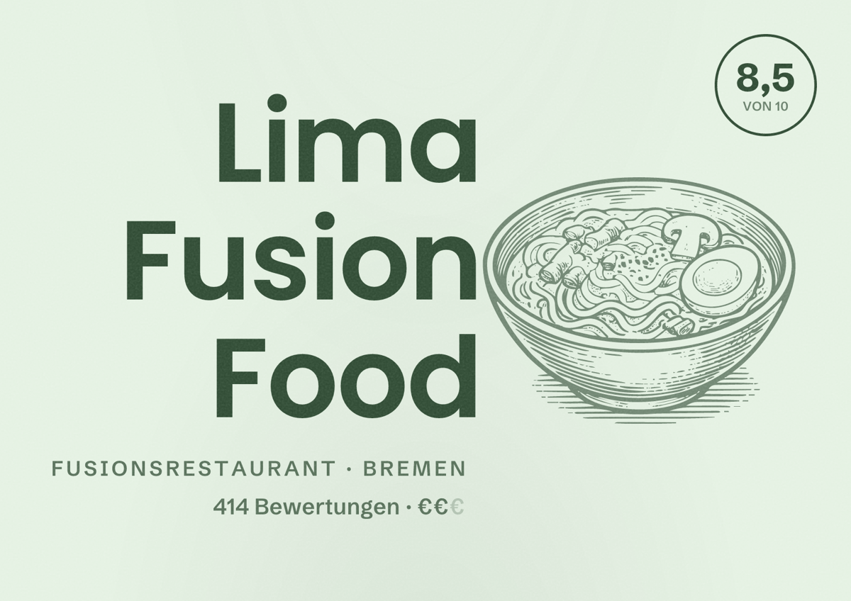 Illustriertes Poster von Lima Fusion Food, Fusionsrestaurant in Bremen: Bewertung 8,5 von 10 aus 414 Bewertungen, Preisniveau €€