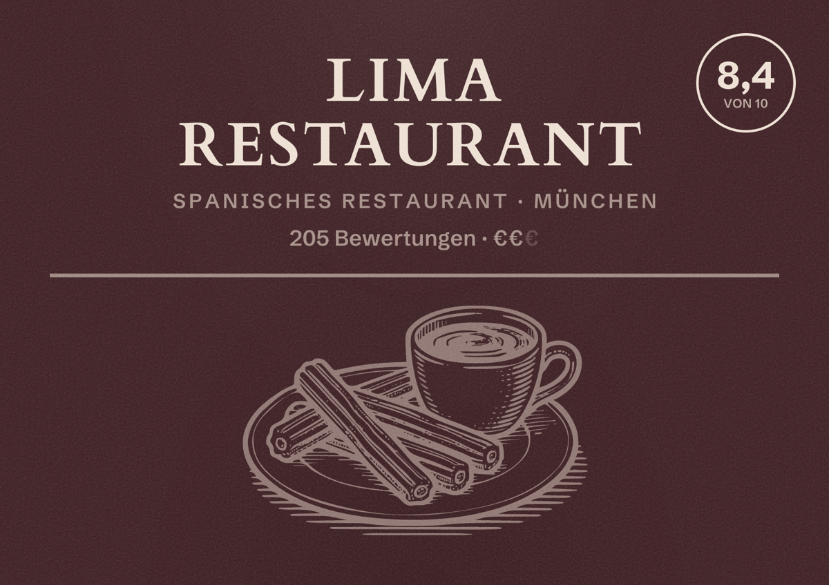 Illustriertes Poster von Lima Restaurant, Spanisches Restaurant in München: Bewertung 8,4 von 10 aus 205 Bewertungen, Preisniveau €€