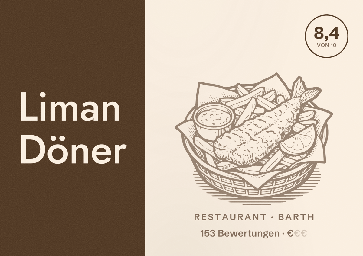 Illustriertes Poster von Liman Döner, Restaurant in Barth: Bewertung 8,4 von 10 aus 153 Bewertungen, Preisniveau €