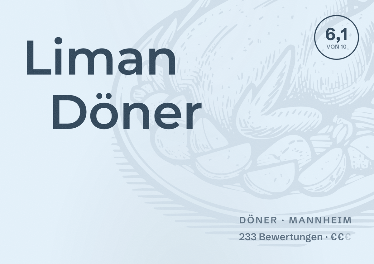 Illustriertes Poster von Liman Döner, Döner in Mannheim: Bewertung 6,1 von 10 aus 233 Bewertungen, Preisniveau €€