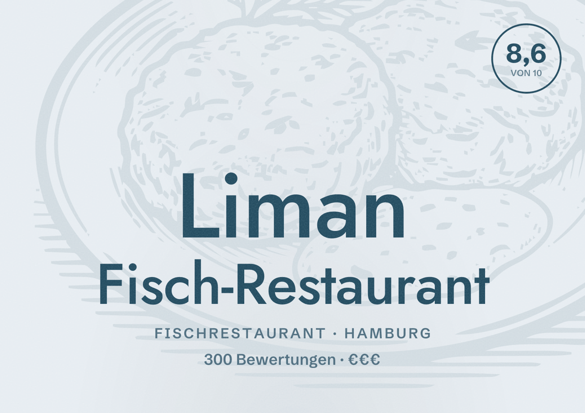Illustriertes Poster von Liman Fisch-Restaurant, Fischrestaurant in Hamburg: Bewertung 8,6 von 10 aus 300 Bewertungen, Preisniveau €€€
