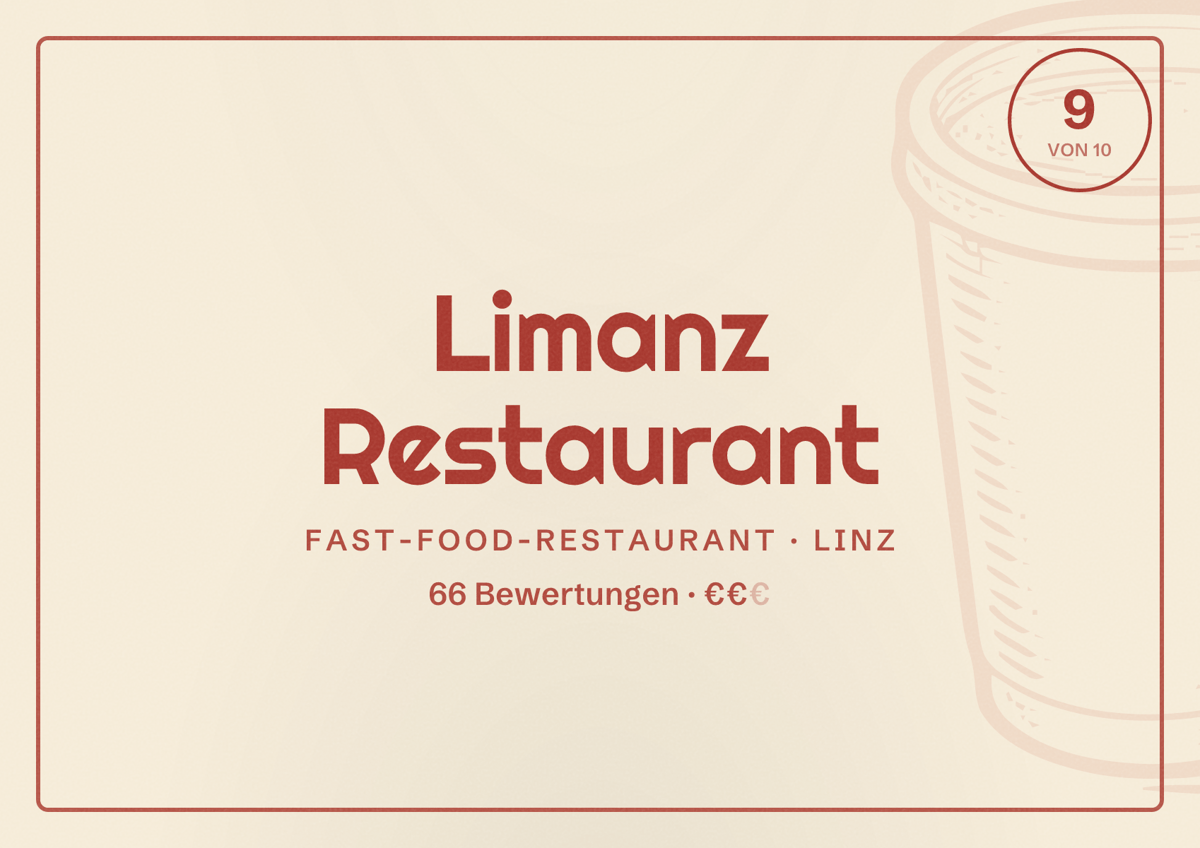 Illustriertes Poster von Limanz Restaurant, Fast-Food-Restaurant in Linz: Bewertung 9 von 10 aus 66 Bewertungen, Preisniveau €€
