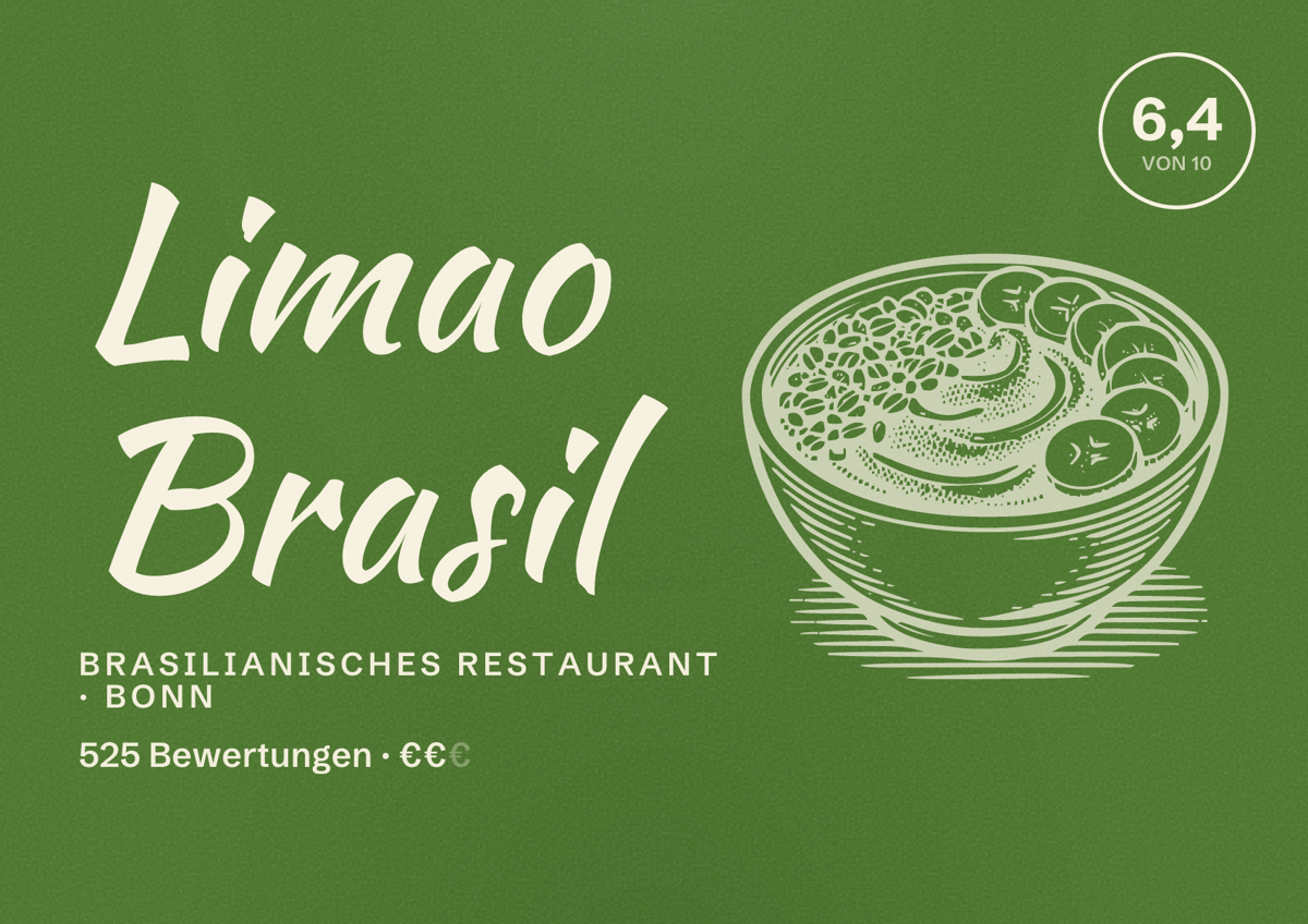 Illustriertes Poster von Limao Brasil, Brasilianisches Restaurant in Bonn: Bewertung 6,4 von 10 aus 525 Bewertungen, Preisniveau €€
