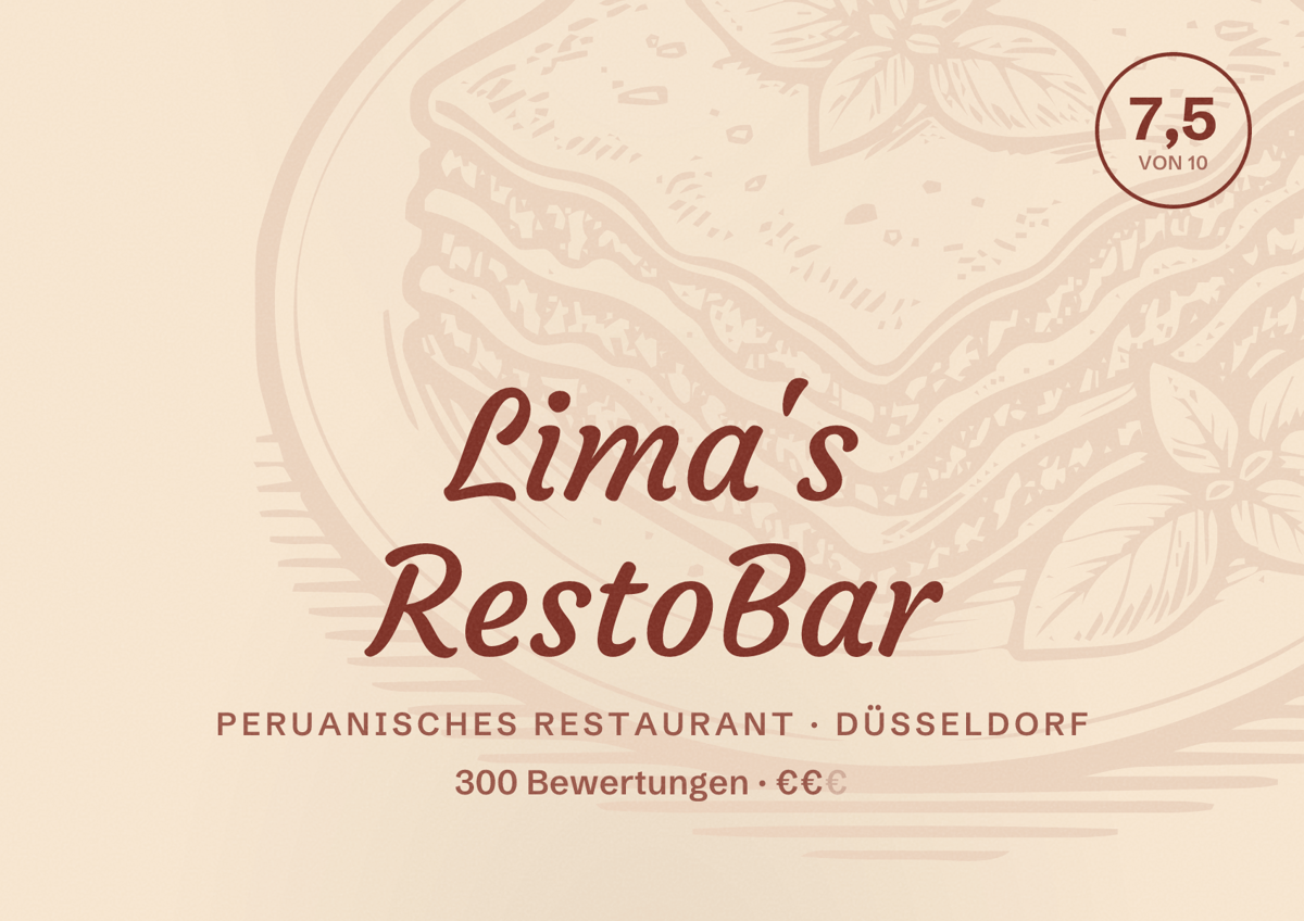 Illustriertes Poster von Lima's RestoBar, Peruanisches Restaurant in Düsseldorf: Bewertung 7,5 von 10 aus 300 Bewertungen, Preisniveau €€
