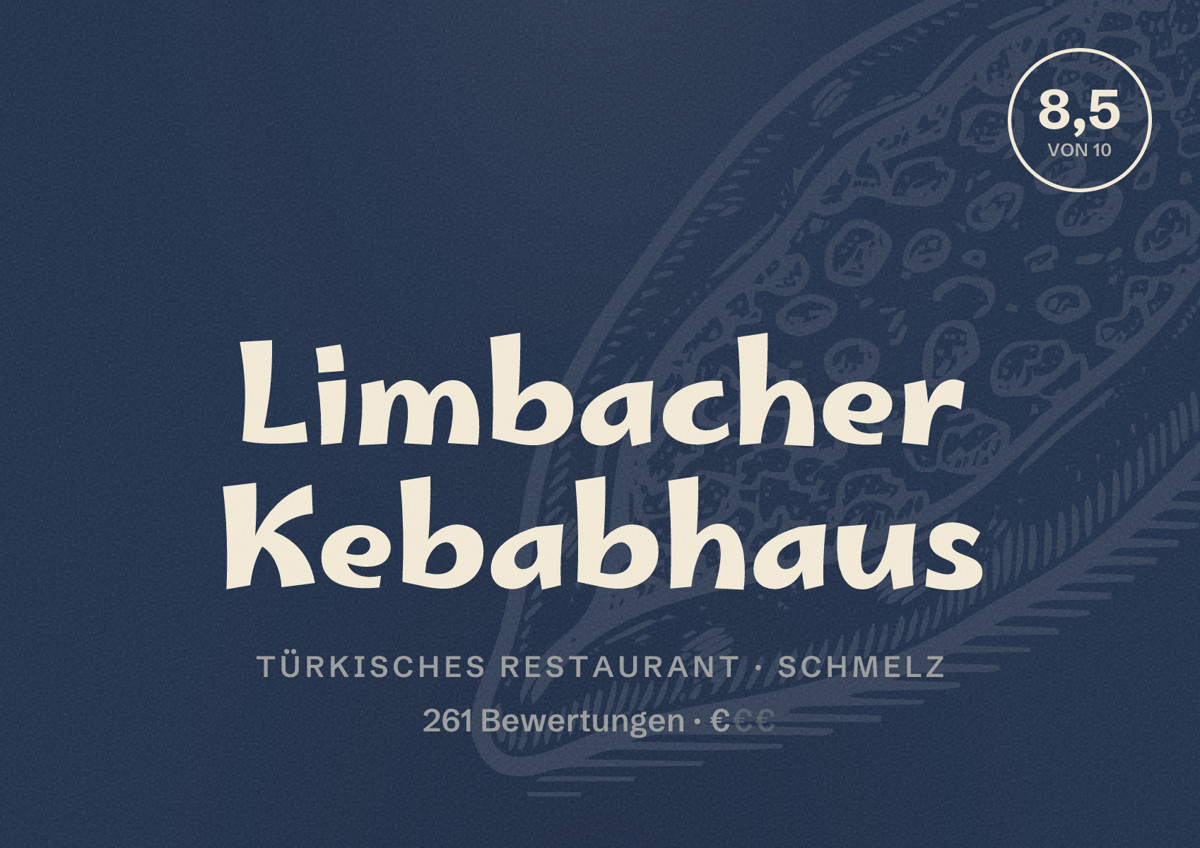 Illustriertes Poster von Limbacher Kebabhaus, Türkisches Restaurant in Schmelz: Bewertung 8,5 von 10 aus 261 Bewertungen, Preisniveau €