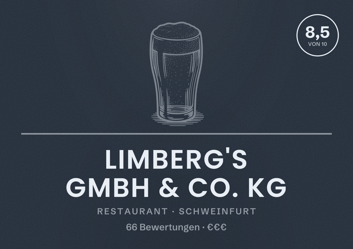 Illustriertes Poster von Limberg's GmbH & Co. KG, Restaurant in Schweinfurt: Bewertung 8,5 von 10 aus 66 Bewertungen, Preisniveau €€€