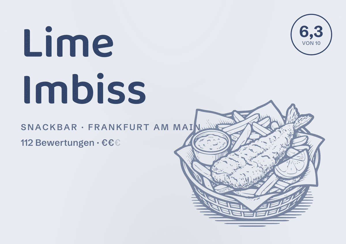 Illustriertes Poster von Lime Imbiss, Snackbar in Frankfurt am Main: Bewertung 6,3 von 10 aus 112 Bewertungen, Preisniveau €€