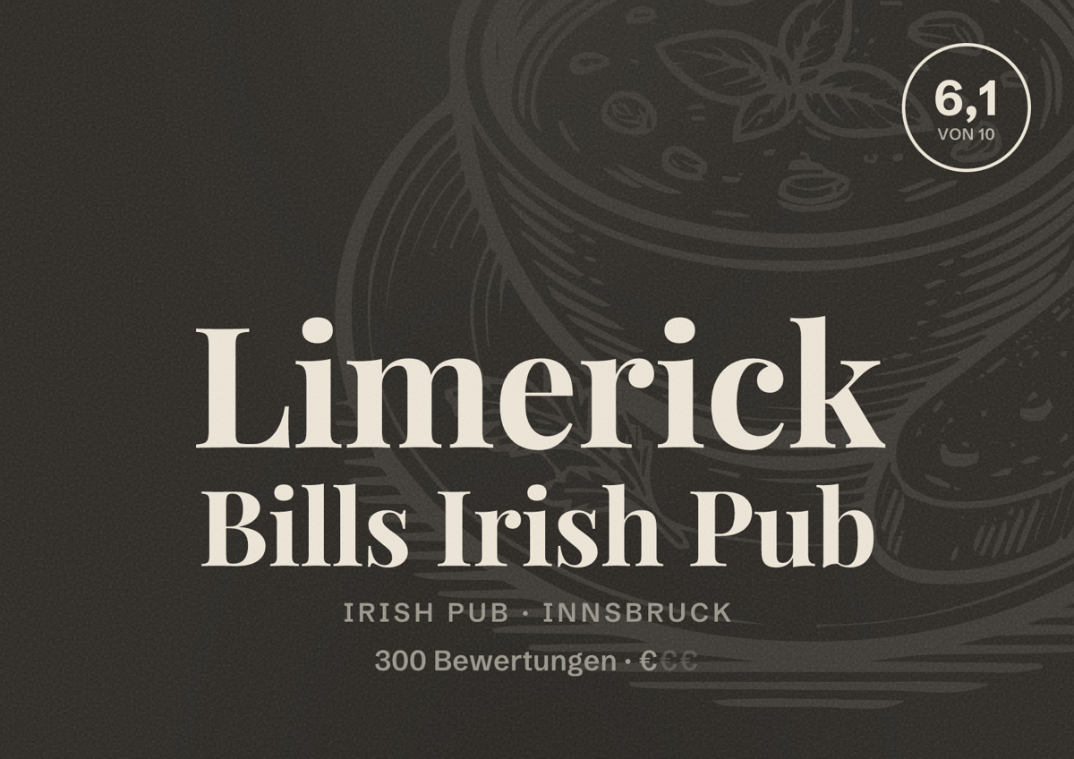 Illustriertes Poster von Limerick Bills Irish Pub, Irish Pub in Innsbruck: Bewertung 6,1 von 10 aus 300 Bewertungen, Preisniveau €