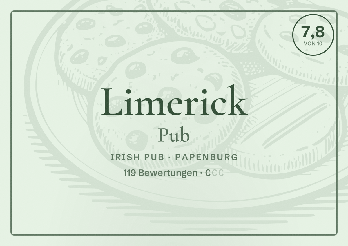 Illustriertes Poster von Limerick Pub, Irish Pub in Papenburg: Bewertung 7,8 von 10 aus 119 Bewertungen, Preisniveau €