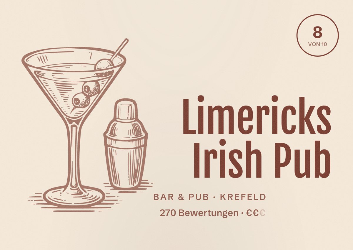 Illustriertes Poster von Limericks Irish Pub, Bar & Pub in Krefeld: Bewertung 8 von 10 aus 270 Bewertungen, Preisniveau €€