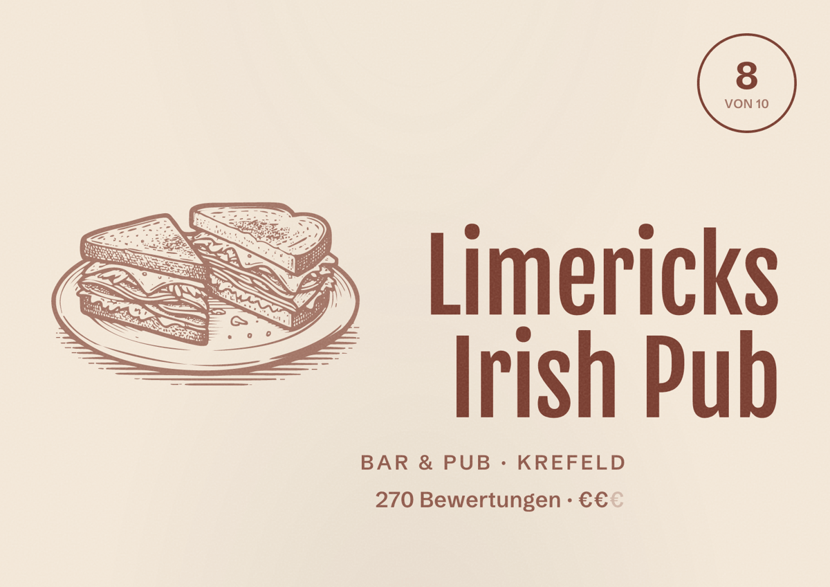 Illustriertes Poster von Limericks Irish Pub, Bar & Pub in Krefeld: Bewertung 8 von 10 aus 270 Bewertungen, Preisniveau €€