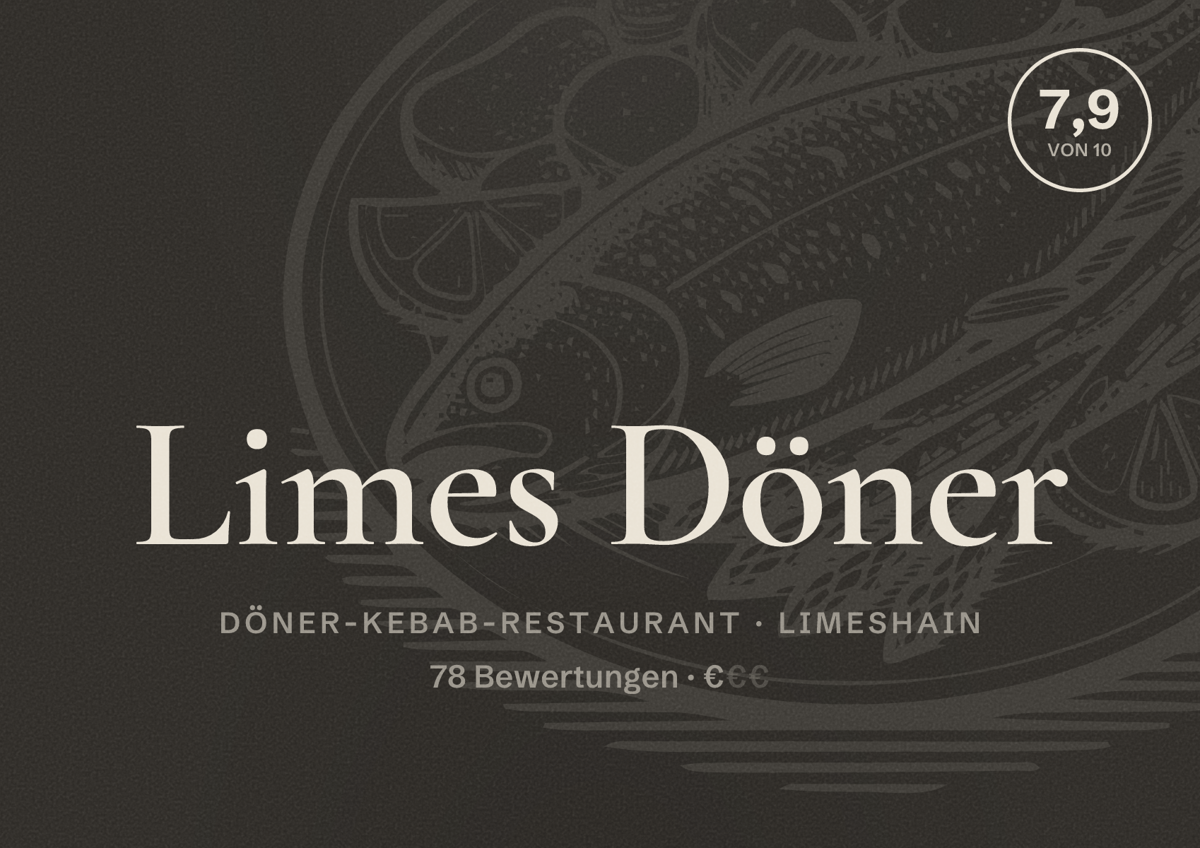 Illustriertes Poster von Limes Döner, Döner-Kebab-Restaurant in Limeshain: Bewertung 7,9 von 10 aus 78 Bewertungen, Preisniveau €