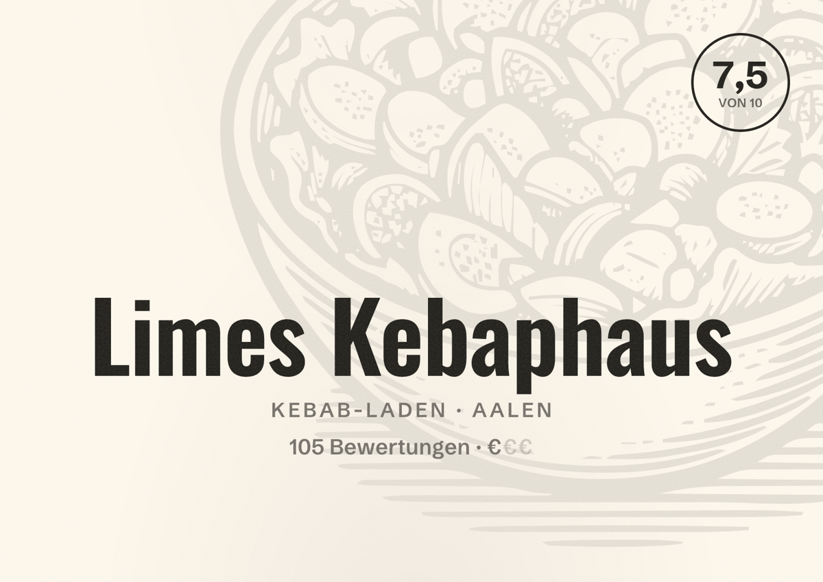 Illustriertes Poster von Limes Kebaphaus, Kebab-Laden in Aalen: Bewertung 7,5 von 10 aus 105 Bewertungen, Preisniveau €
