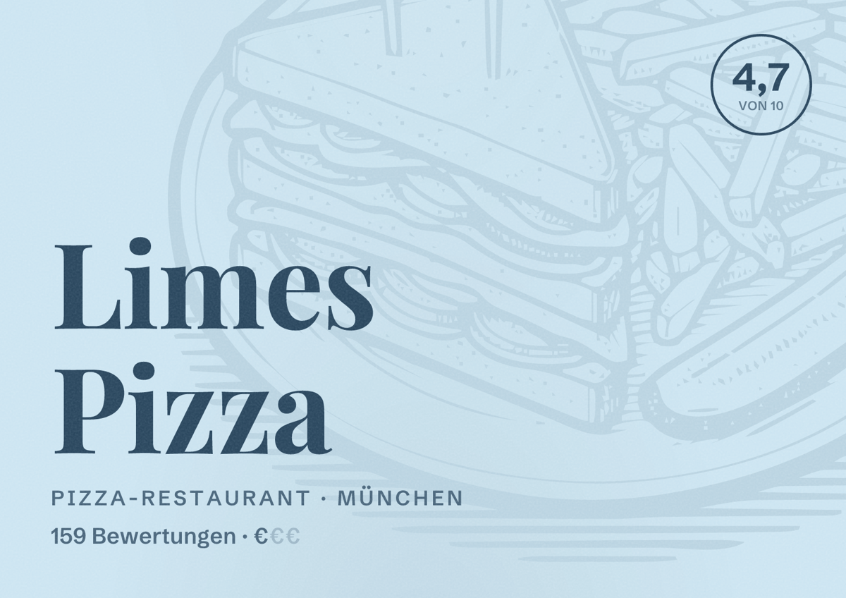 Illustriertes Poster von Limes Pizza, Pizza-Restaurant in München: Bewertung 4,7 von 10 aus 159 Bewertungen, Preisniveau €