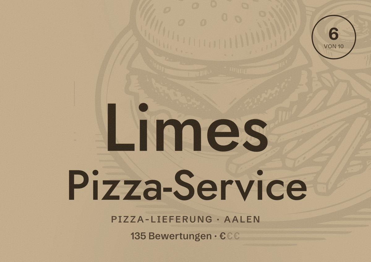 Illustriertes Poster von Limes Pizza-Service, Pizza-Lieferung in Aalen: Bewertung 6 von 10 aus 135 Bewertungen, Preisniveau €