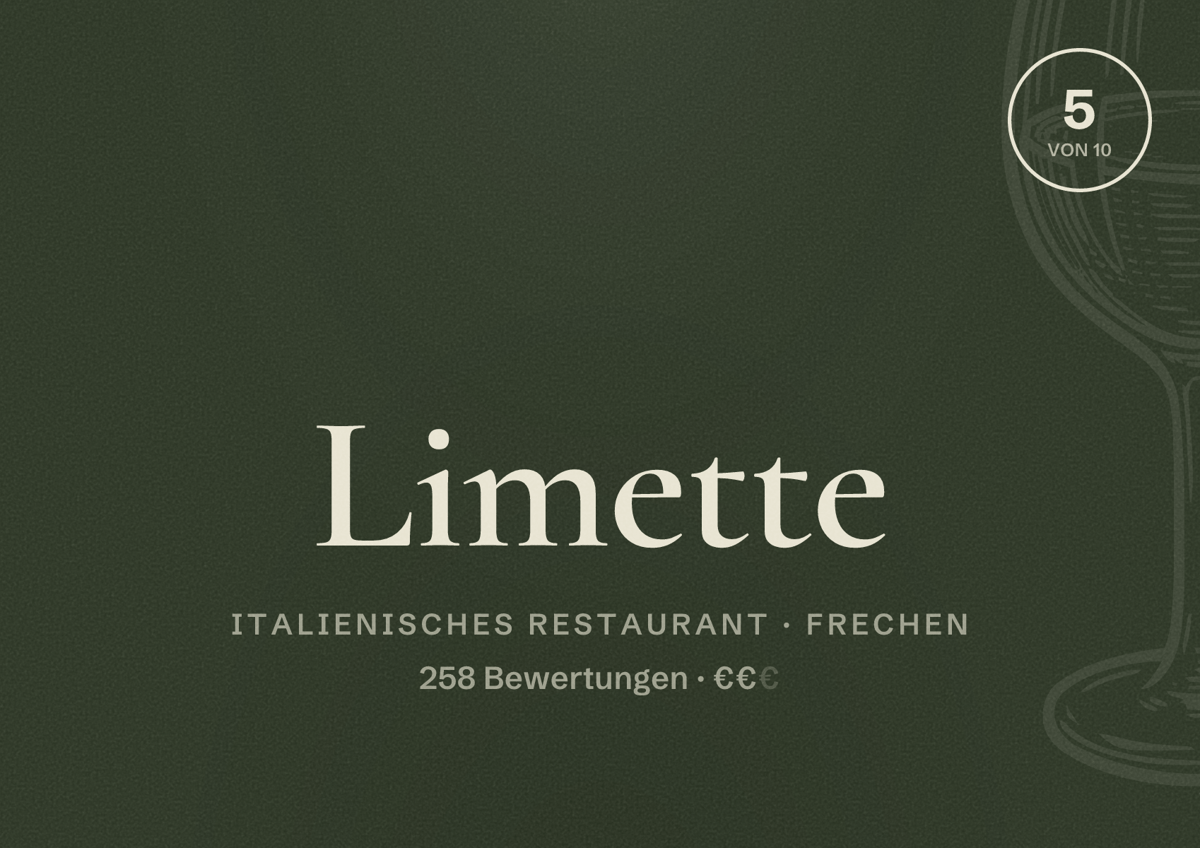 Illustriertes Poster von Limette, Italienisches Restaurant in Frechen: Bewertung 5 von 10 aus 258 Bewertungen, Preisniveau €€