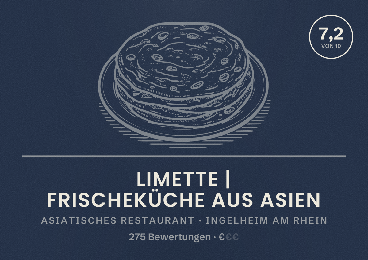Illustriertes Poster von Limette | Frischeküche aus Asien, Asiatisches Restaurant in Ingelheim am Rhein: Bewertung 7,2 von 10 aus 275 Bewertungen, Preisniveau €
